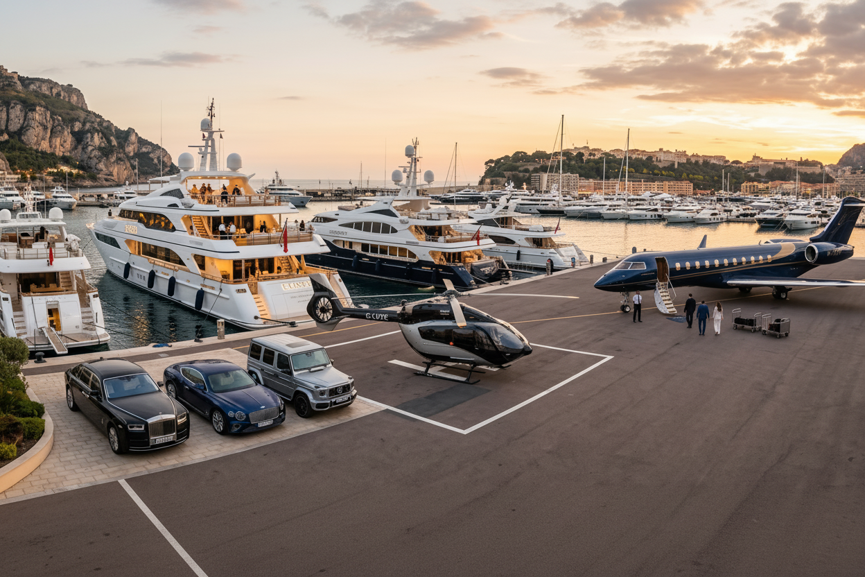 A luxury yacht and private jet at a marina during sunset, with several cars parked on a dock and a helicopter in the foreground. The scene is set against rocky coastal cliffs and a warm glowing sky.