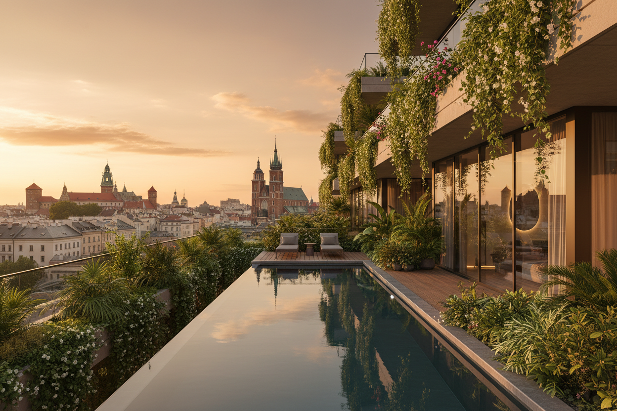 Rooftop pool with cityscape view during sunset
