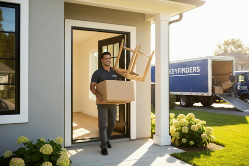 A moving coordinator in a dark gray polo shirt and gray pants carries a cardboard box and a wooden chair out of a house doorway, with a blue 'KEYFINDERS.PL' moving truck parked in the background on a sunny lawn.