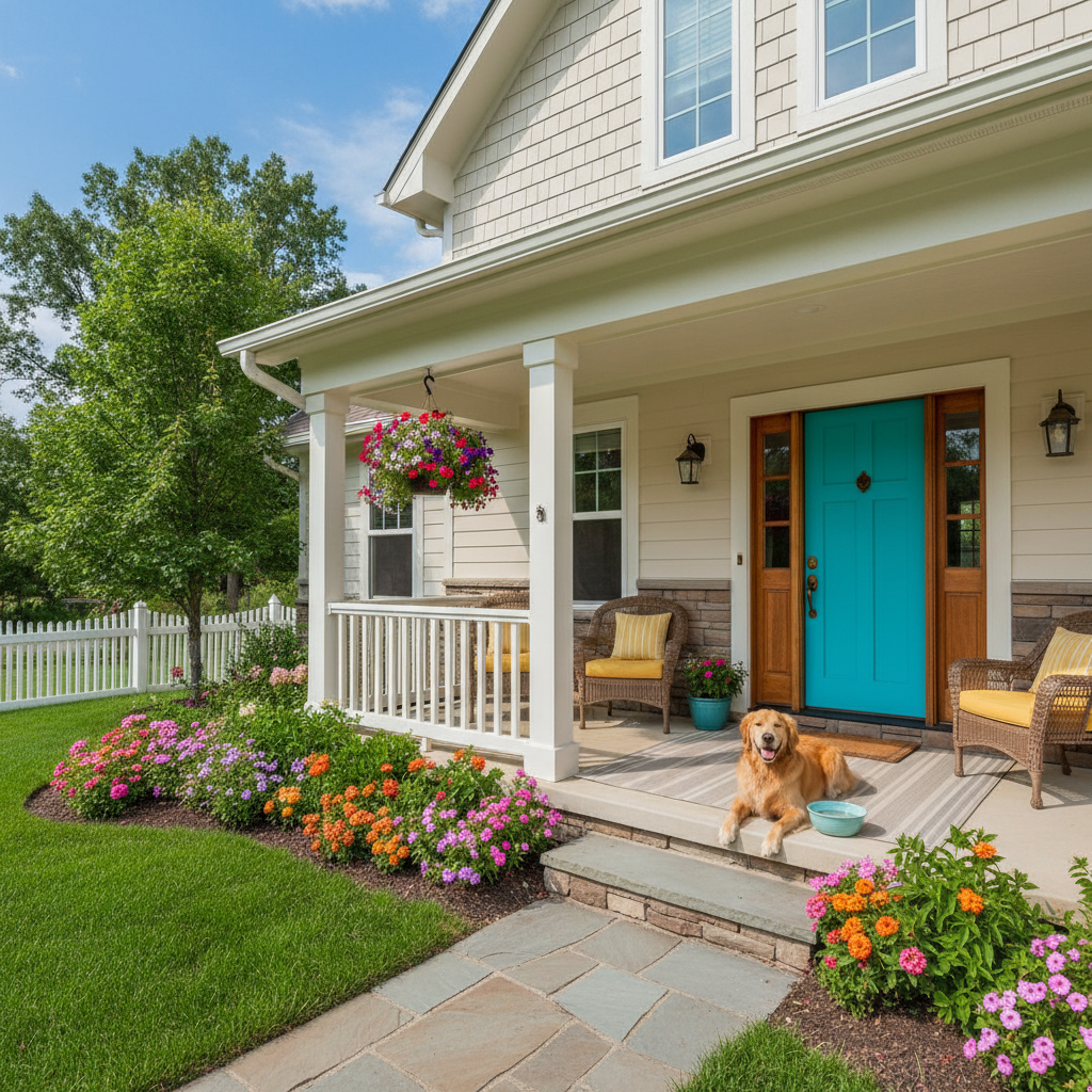 Charming house with colorful front door and dog
