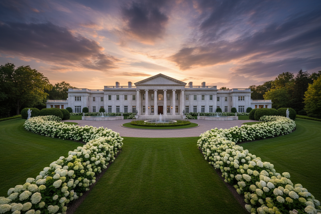 Stately mansion with a formal garden at sunset